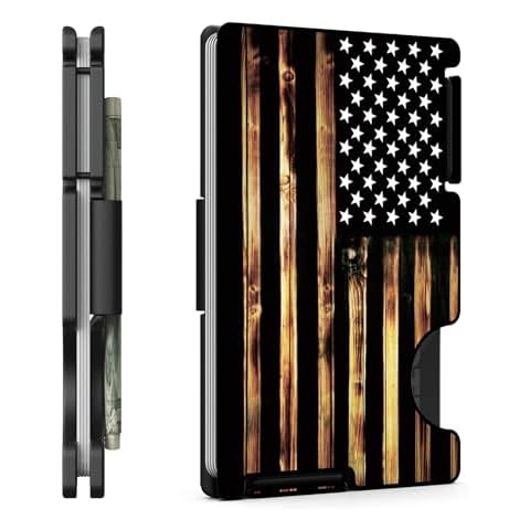 MIFANYO Wallet for Men, Minimalist Card Holder with Cash Strap, Slim Metal Front Pocket Wallet, RFID Blocking, Personalized Wood American Flag Cover