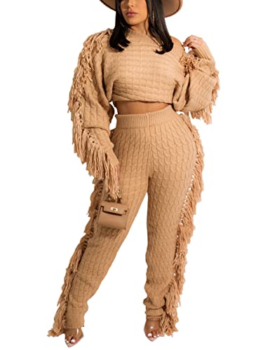 Image of KANSOON 2 Piece Sweater Set for Women Cable Knit Fringe Crop Top and Pants | Cozy feel, ribbed high waist, comfortable stretch fit for birthday and chilly going-out outfits