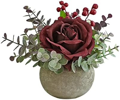 Rosscer Artificial Flowers Kit with Pot, Combination of Fake Silk Burgundy Red Roses and Greenery,Small Plant Potted Decor for Offices,Bookshelf,Bedroom, Living Room,Party,Wedding Decorations…