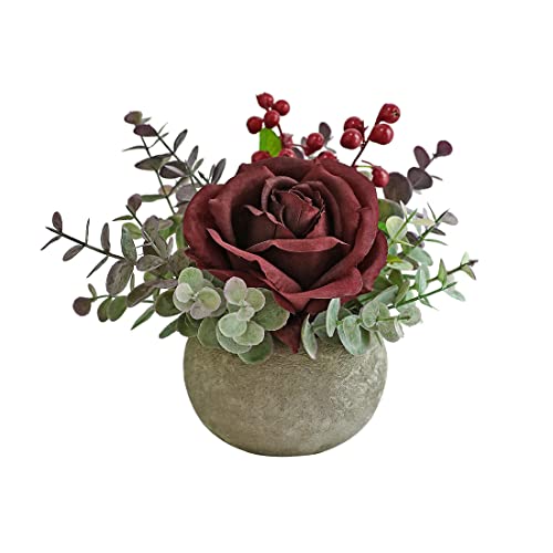 Rosscer Artificial Flowers Kit With Pot, Combination Of Fake Silk Burgundy Red Roses And Greenery,Small Plant Potted Decor For Offices,Bookshelf,Bedroom, Living Room,Party,Wedding Decorations… #TOP3
