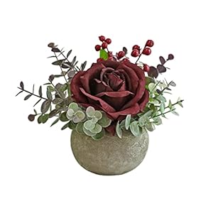 Artificial Flowers Kit with Pot, Combination of Fake Silk Burgundy Red Roses and Greenery,Small Plant Potted Decor for Offices,Bookshelf,Bedroom, Living Room,Party,Wedding Decorations…