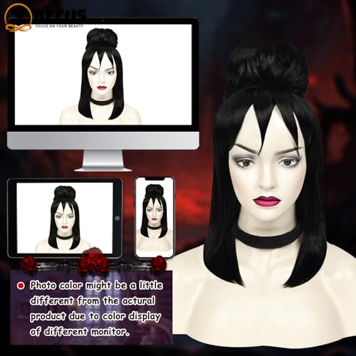 Becus Long Black Cosplay Wig with Bun, Bob Wigs with Bangs Wigs Hairnet for Halloween Costume Party Cosplay Synthetic Wig(Black) - Image 5