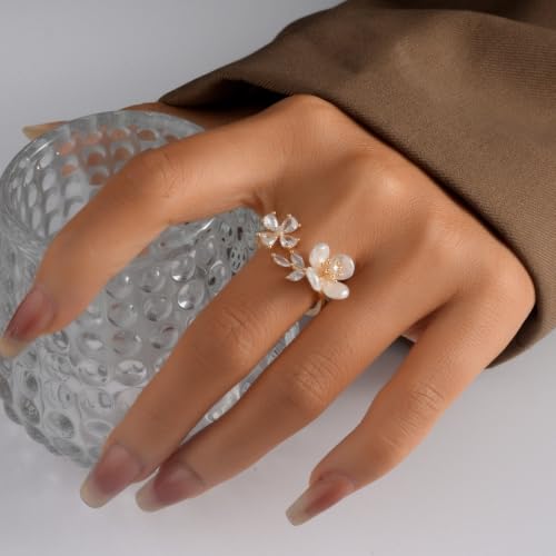 Kokoma Petal Wheat Leaf Ring for Women Cubic Zirconia Floral Ring Dainty Gold Plated Band Adjustable Rings Eternity Engagement Band Chic Jewelry3