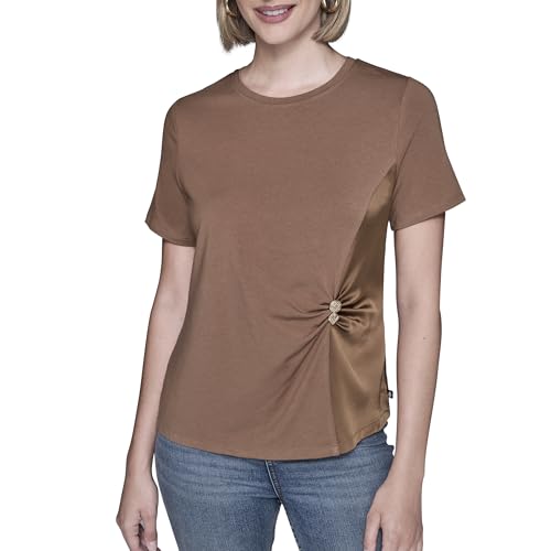 KARL LAGERFELD Paris Women's Short Sleeve Trendy Dangle Pin Bling Sparkle T-Shirt, Vicuna, Small