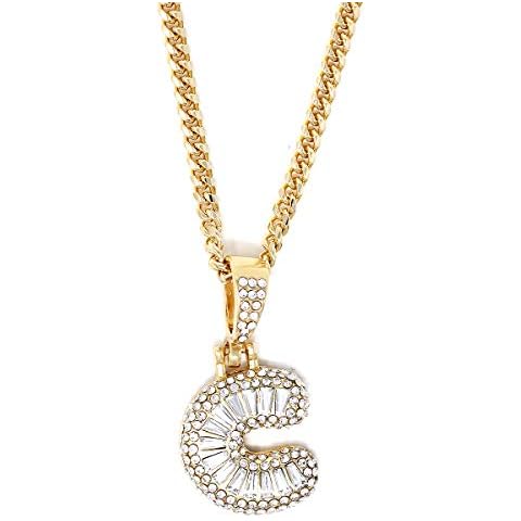 Pnk Trend Gold Plated CZ Pave Setting Initial Letter Necklace for Women/Men Iced Out Initial Letter Pendant Necklace with 22” Curb Chain W/Gift Box (Gold-C) Cover