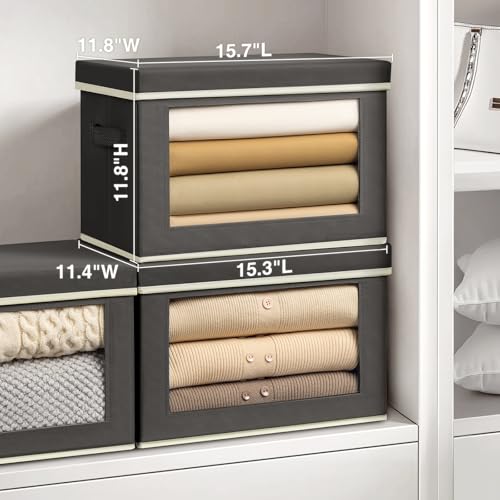 Image of Homsorout Stackable Storage Bins with Lids - Large Storage Box with Lids, Foldable Closet Boxes for Organizing, Wardrobe Clothes Organizer with Window, Cubes Bins for Living Room, 4 Pack, Dark Grey