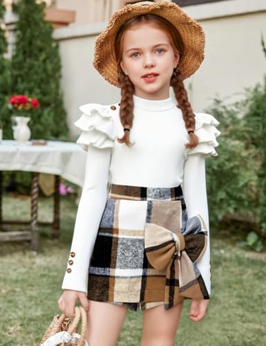 Image of Girls Clothes 2 Piece Ruffle Long Sleeve Shirt Top and Bow Plaid Skirt Set Girls Fall Winter Outfits 6-16 Years