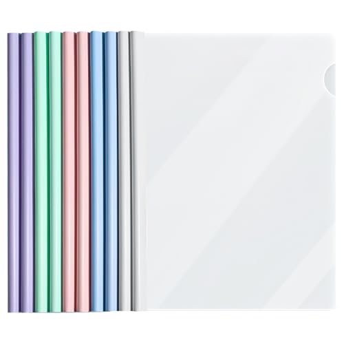 VEGCOO 10 Pièces Transparent Reliure Dossier Baguette, Feuilles A4 Couverture De Rapports Plastique, classeur avec barre coulissante pour École, Bureau, Accueil, Resume, Documents, Couleurs Pastel