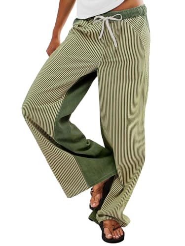 Low Rise Striped Pants for Women Pull On Drawstring Boho Wide Leg Jeans Trendy 2025