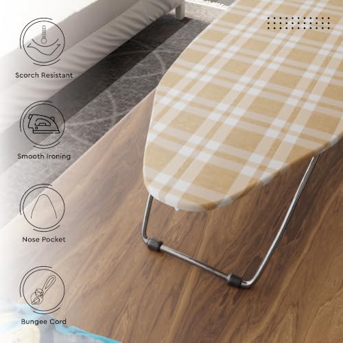 Image of Encasa XO Ironing Board Covers and Pad - 72x30 cm Fits Mini Iron Boards, Thick 4mm Felt, Elasticated Fit, Heat & Scorch-Resistant, Elastic Bungee Cord Tightening & Lock Franca Beige Checks