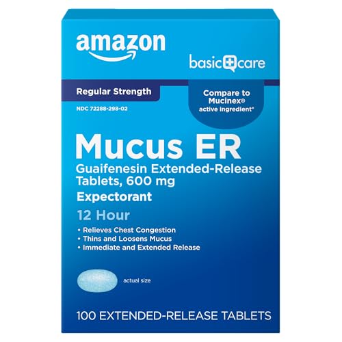 Image of Amazon Basic Care Guaifenesin Extended-Release Tablets, 600 mg, 12 Hour Expectorant for Chest Congestion and Mucus Relief, 100 Count