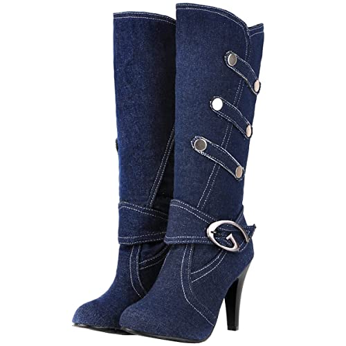 Uniquelly Womens Denim Knee High Boots Stiletto High Heel Mid Calf Slip On Round Toe Classic Retro Winter Shoes