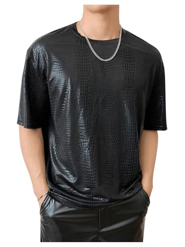 OYOANGLE Men's Oversized PU Leather Printed Short Sleeve Round Neck Longline Tee Shirt Tops