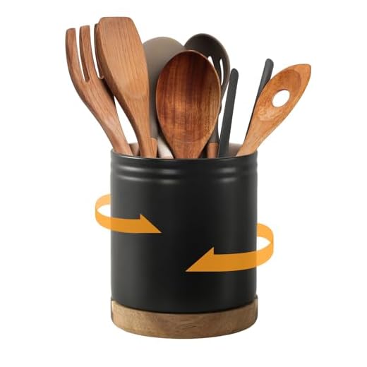 DOWAN 7.6" 360° Rotating Utensil Holder, Kitchen Utensil Holder for Countertop, Ceramic Utensil Crock, Large Cooking Utensil Caddy for Kitchen Counter, Protection Cork Bottom, Black