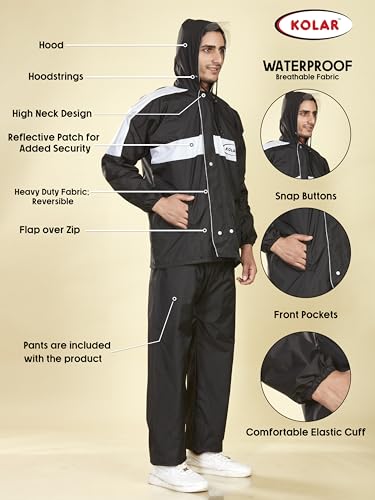 Image of KOLAR Men's Waterproof Rain Suit with Jacket and Pant With Reflective Surface, Extended Hood, Ouside and Inside Pocket