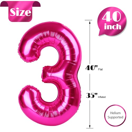 Image of Hot Pink Number 3 Balloon 40 Inch, 3rd Birthday Celebration Supplies Women Men, 3 Balloon for Theme Party