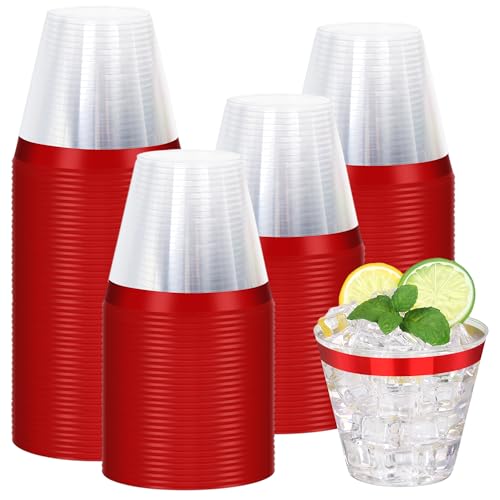 Image of 120 Pcs Red Plastic Cups,9Oz Red Rimmed Plastic Cups,Heavy Duty Clear Disposable Plasitc Cocktail Tumblers Wine Cup for Party,Wedding,Birthday,Christmas