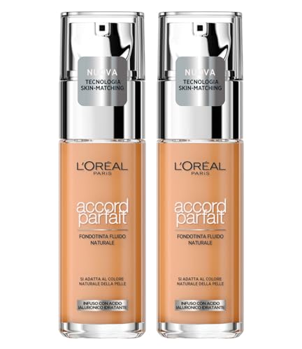 L'Oréal Paris Accord Parfait, flüssiges Make-up, natürlicher Effekt, ultraleichte Textur, feuchtigkeitsspendende Hyaluronsäure-Formel, Farbe 7.D/7.W Ambre Dore – 2 Kosmetika