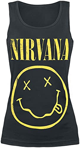 Nirvana Smiley Femme Top Noir Regular/Coupe Standard - Les Beatles, Paul McCartney, John Lennon, RIngo Starr, George Harrison Nirvana Smiley Femme Top Noir Regular/Coupe Standard