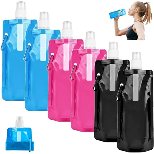 NIEEKRUN 6 Stück Faltbare Trinkflasche 500ml, Faltbare Wasserflasche, Wiederverwendbare Trinkflasche mit Karabiner, Trinkflasches Faltbar für Radfahren, Wandern, Outdoor-Sport