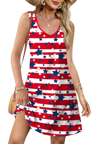 Image of LHBNK 4th of July Dress for Women: American Flag Tank Dresses Star Striped Splicing Loose V Neck Sundresses