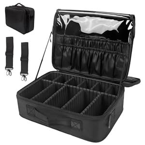 Makeup Bag Extra Large Travel Make Up Bag with Adjustable Compartment Professional Vanity Case Cosmetic Bags Makeup Organiser Bag Beauty Box Train Case Hairdressing Tools and Shoulder Strap, Black