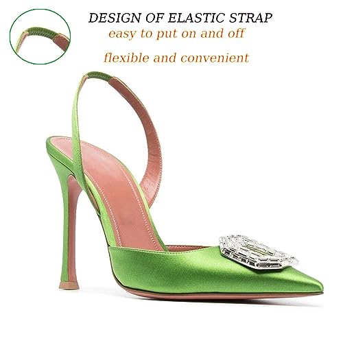 Vertundy Women's slingback Rhinestone Heels-Pointed Toe Satin Crystal Stiletto Wedding Bride Pump Shoes Sage Grass Green2