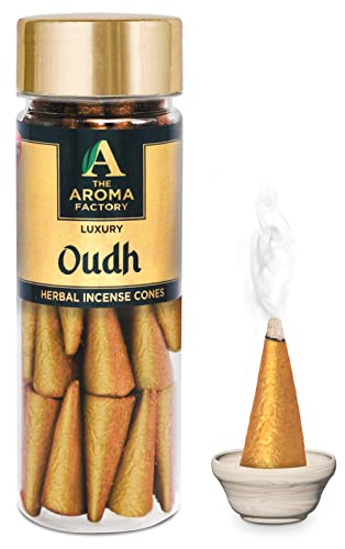 Image of The Aroma Factory Incense Dhoop Cone for Pooja, Oudh (100% Herbal & 0% Charcoal) 1 Bottle x 30 Cones