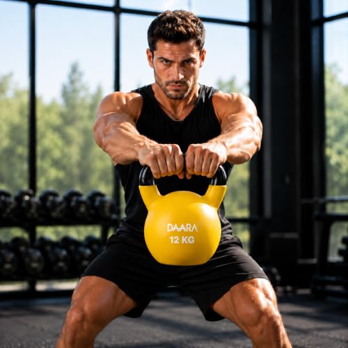 Image of DAARA Half Coating Neoprene Kettlebell, 12kg Yellow Cast Iron Kettle Bell with Non-Slip Grip Handle for Strength Training, Home Gym Workout Equipment for Men & Women (Proudly Made in India)