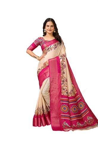 Image of Amazon Brand - Tavasya Women's Soft Dola Cotton Kalamkari Printed Saree with Jacquard Kanjivaram Zari Border & Pallu | Elegant Traditional Saree with Matching Printed Blouse Piece