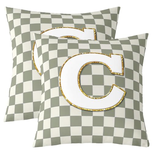 Image of Erosebridal Sage Green Checkered Throw Pillow Covers 16x16 Set of 2 Plaid Initial C Pillow Covers Personalized Monogram Cushion Cover Fashion Grids Gingham Pillow Cases for Couch Sofa