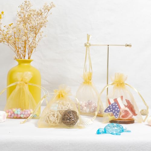 Image of Gold Organza Bags - 50 Pcs, Sheer 4 x 6 Inch Jewelry & Party Favor Bags with Drawstring, Mesh Gift Pouches for Wedding, Valentine's Day Party