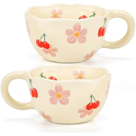 Yopay 2 Pack Ceramic Coffee Mug, 8oz Handmade Hot Chocolate Mugs, Cute Cup for Girl Microwave Safe, Aesthetic Tea Milk Cup with Handle for Latte, Cocoa, Gift, Office, Home (Cherry flower) Cover