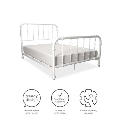 DHP Jenny Lind Kids Metal Bed Frame with Country Chic Headboard and Footboard, Underbed Storage Space for Toys, Twin, White