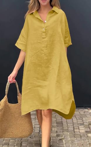 chouyatou Women's Summer Casual Linen Beach Tunic Dress Loose High Low Midi Long Polo T Shirt Dress3
