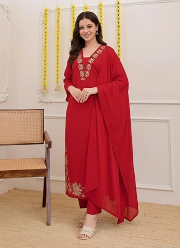 Image of ANNI Designer Pure Cotton Embroidered Kurta Set for Women | Rust Orange Kurta with Pants & Dupatta | Floral Neck & Hem Embroidery | Cotton Kurta Set for Women | 10 Colour Options Available