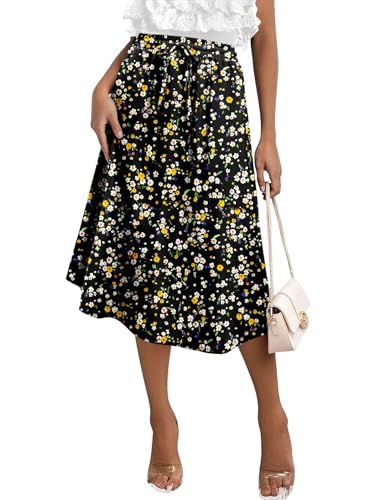 KISSMODA Womens Midi Skirt High Waist A Line Boho Skirts Trendy Casual Work Elegant Summer Palazzo with Pockets Yellow Black