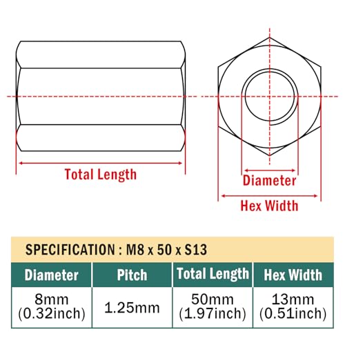 Image of 2pcs M8x50xS13 Right and Left Hex Coupling Nuts,304 Stainless Steel Hex Rod Connector