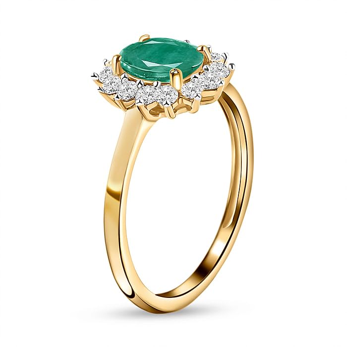 Image of Emerald May Birthstone Princess Diana Inspired Halo Ring in 18K Yellow Gold Vermeil Overlay Sterling Silver for Women | 12 Birthstones | Royal Radiance (GH0174E-Emerald Ring 16)