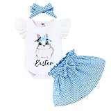 Baby Girl Easter Clothes Infant Bunny Print Romper+Blue Stripes Skirt+Headband 3Pcs Sister Brother M