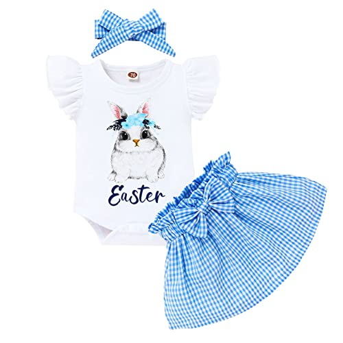 Baby Girl Easter Clothes Infant Bunny Print Romper+Blue Stripes Skirt+Headband 3Pcs Sister Brother Matching Outfits (Blue Girl, 0-3 Months) #TOP10