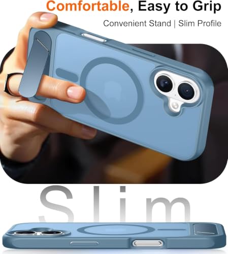 Image of Elzzi Translucent Matte Kickstand Case for iPhone 17, Built-in Adjustable Stand, Translucent Matte Magnetic Mag-Safe Shockproof Phone Cover (Official Blue - Kickstand)