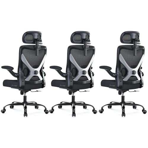 Image of Ergonomic Office Chair - X-Shaped Computer Desk Chair Comfy, Gaming Chair, Office Chair with Lumbar Support, Mesh Office Chairs with Headrests, Desk Chair for Long Hours, Black Silver, Pack of 3