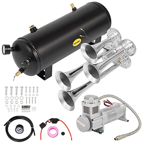 Bestauto Train Horns Kit For Trucks Train Horn Kit 150DB 2.6 Gal Train Air Horn Kit For Truck 12V Train Horn For Complete Kit 200PSI Train Horn For Car 4 Stainless Steel Trumpets For Car Truck BLACK