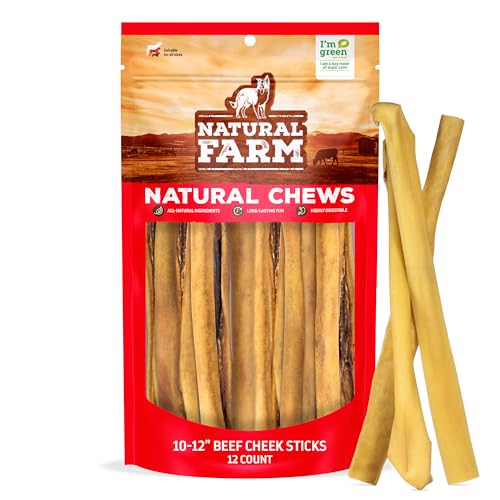 Natural Farm Bully Cheek Stick, 10-12 Inch (12-Pack)- Best Bully Stick Alternative, 100% Natural Beef Cheeks for Dogs- High Protein, Cleans Teeth Treats, Long Lasting Beef Chews for All Dog Sizes