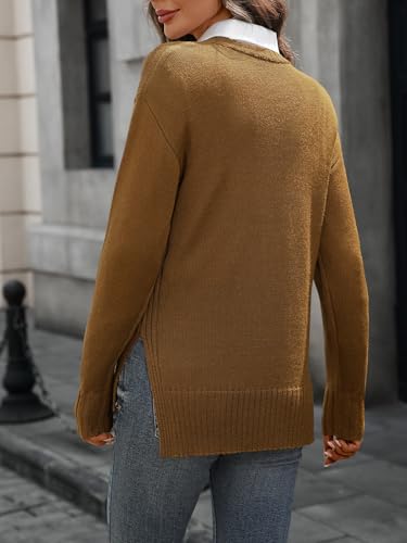 Women's Wool Sweaters Split Side Winter Crewneck Dropped Shoulders Long Sleeve Ribbed Knit Pullover 20254