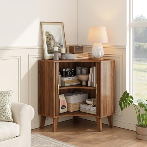 Image of Fluted Corner Cabinet, Small Corner Floor Cabinet with 2-Sliding Doors and Adjustable Shelves, Freestanding Narrow Organizer for Small Space,Living Room, Dining RoomBathroom.Walnut