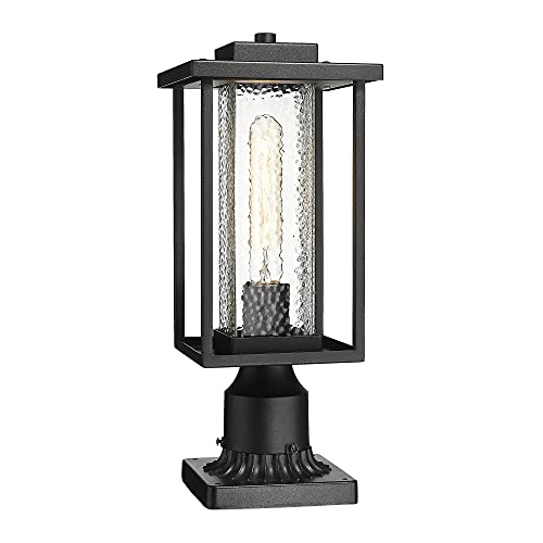 KAUEN Outdoor Post Light,15.4-Inch Exterior Lamp Post Light Fixture with Pier Mount Base, Outdoor Pole Light in Black Finish with Water Ripple Glass, 2435-1G