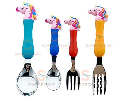 Image of Samvardhan Stainless Steel Unicorn Tableware Set Cutlery Unicorn Spoon and Fork Set for Babies Set of 4 Includes 2 Forks 2 Spoons