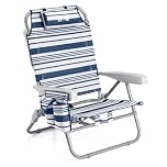 Trail Low Reclining Beach Chair, Navy Blue Stripe Folding Recliner – Reclines to 4 Positions, Head Cushion, Drinks Holder, Storage Pouch & Backpack-Style Carry Straps, Portable Camping Lounger